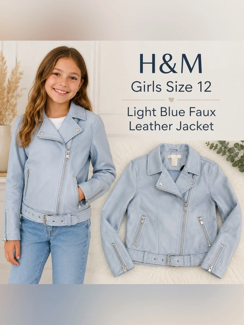 H&M Girls Size 12 Light Blue Faux Leather Moto Biker Jacket Belted